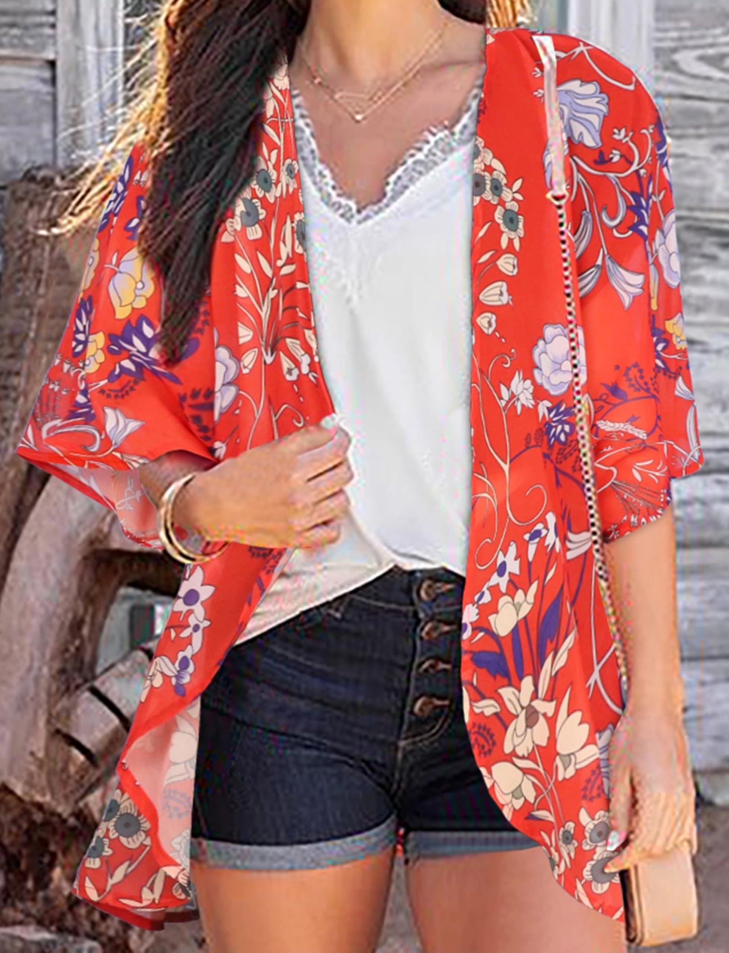 Summer Kimono Cardigan for Women Sheer Boho Tops Casual Open Front Swimwear Shirts Beach Cover ups (Boho Red,M)