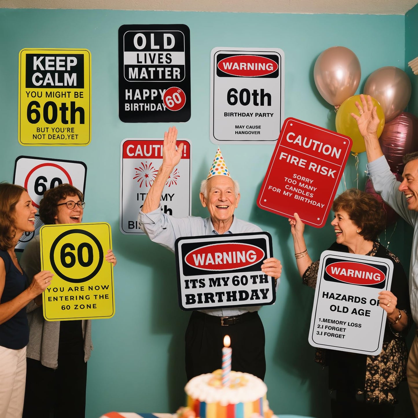 60th Birthday Decorations- 9PCS Over the Hill 60th Birthday Decorations for Men Women 60 Years Old Birthday Party Decor for Him Her Cheers to 60 Years Old Photo Booth Props You're 60 Caution Logos on Door Windows Yard Garden