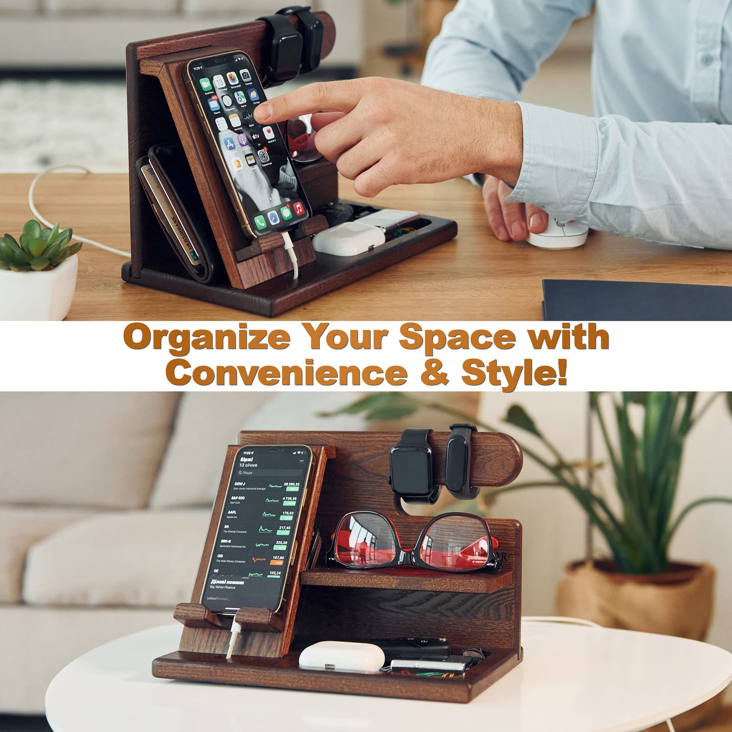 TESLYAR Wood Phone Docking Station for Men - Desktop or Nightstand Organizer - Birthday Gifts for Men, Dad - Anniversary Idea from Wife - Key Holder, Stand Wallet, Watch & Essentials (Bourbon Brown)