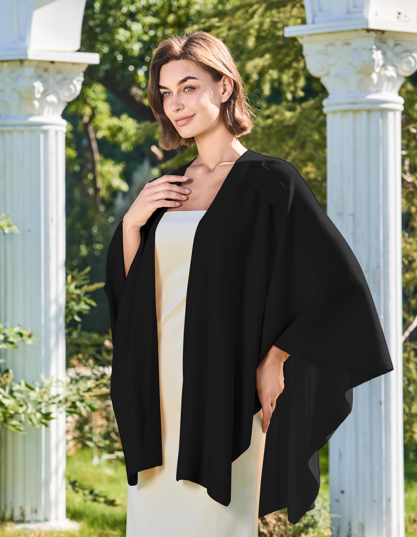 PULI Womens Black Large Cross Front Poncho Sweater Wrap Topper Knitted Elegant Shawls Cape for Fall Winter