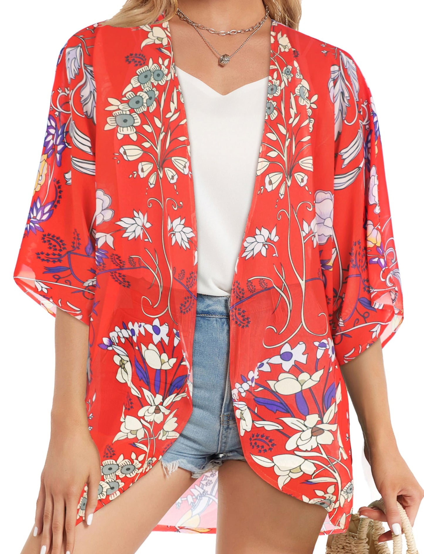 Summer Kimono Cardigan for Women Sheer Boho Tops Casual Open Front Swimwear Shirts Beach Cover ups (Boho Red,M)