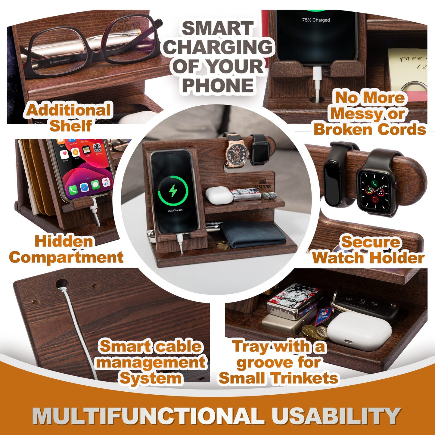 TESLYAR Wood Phone Docking Station for Men - Desktop or Nightstand Organizer - Birthday Gifts for Men, Dad - Anniversary Idea from Wife - Key Holder, Stand Wallet, Watch & Essentials (Antique Brown)