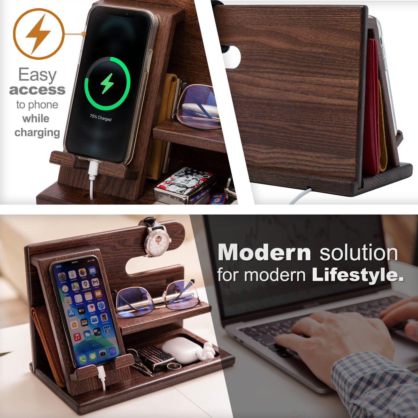 TESLYAR Wood Phone Docking Station for Men - Desktop or Nightstand Organizer - Birthday Gifts for Men, Dad - Anniversary Idea from Wife - Key Holder, Stand Wallet, Watch & Essentials (Antique Brown)