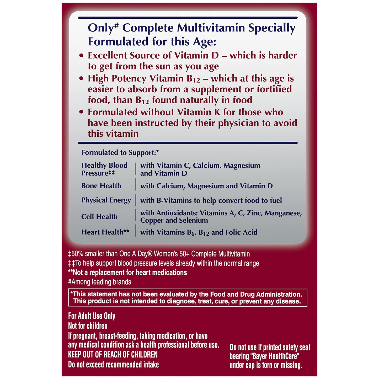 One A Day Proactive 65+, Mens & Womens Multivitamin, Supplement with Vitamin A, C, D, and Zinc to Support Bone Health & Cell Health, Calcium, Folic Acid, Tablet 150 Count