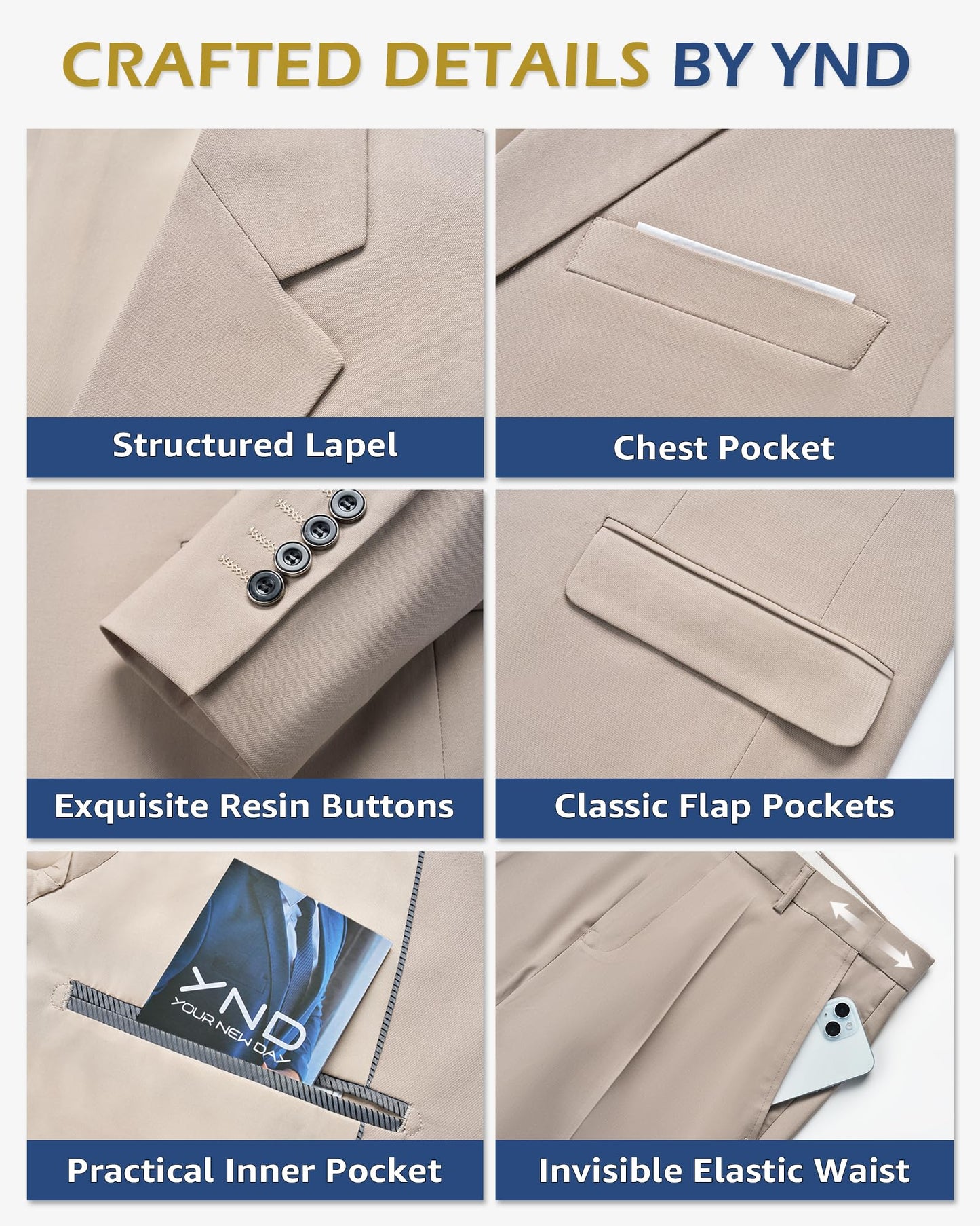 YND Men's 3 Piece Suit Set with Tie, 2 Button Slim Fit Solid Blazer Jacket Vest Pants, Business Wedding Party Suits for Men, Deep Blue