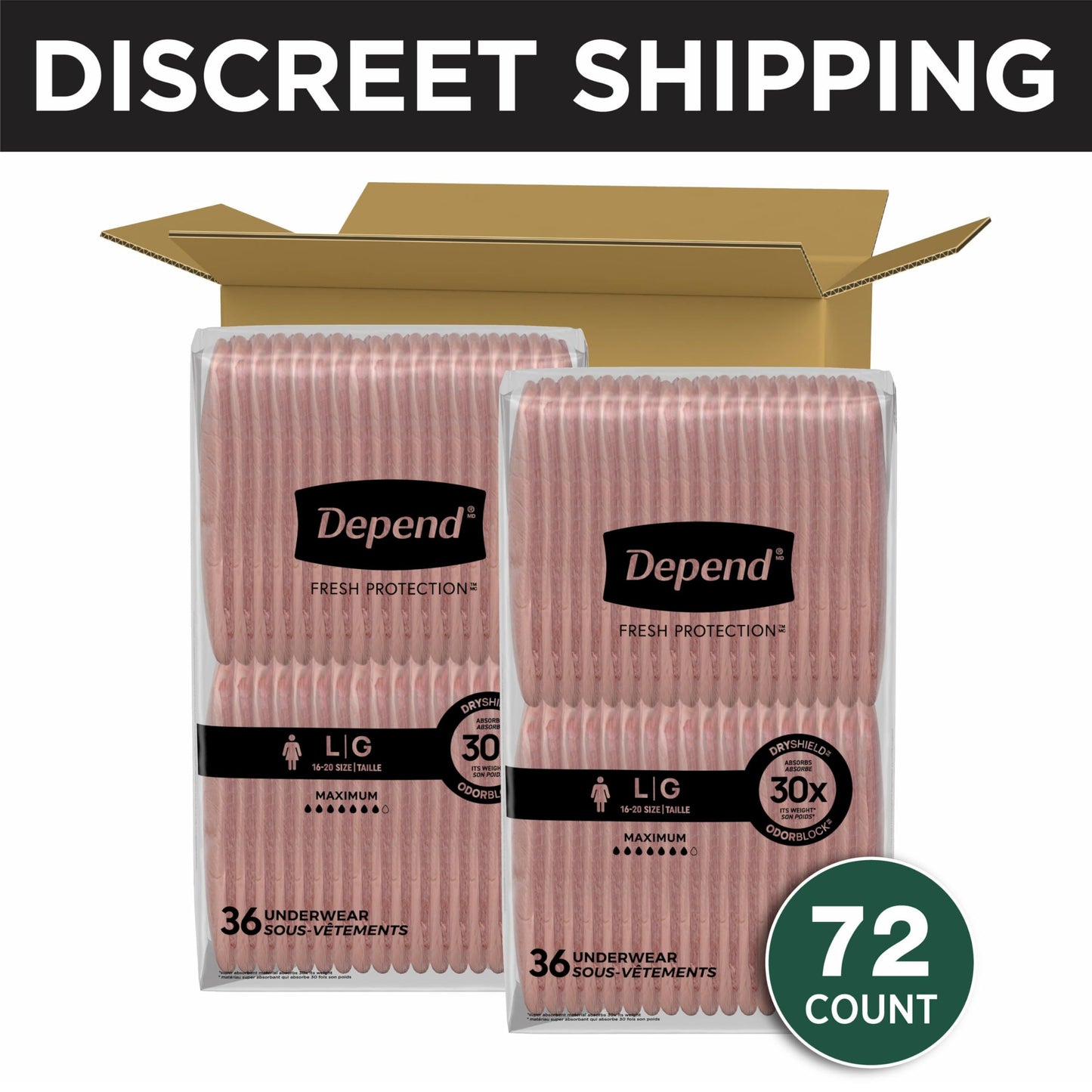 Depend Fresh Protection Adult Diapers, Incontinence & Postpartum Bladder Leak Underwear for Women, Disposable, Maximum, Large, Blush, 72 Count (2 Packs of 36), Packaging May Vary