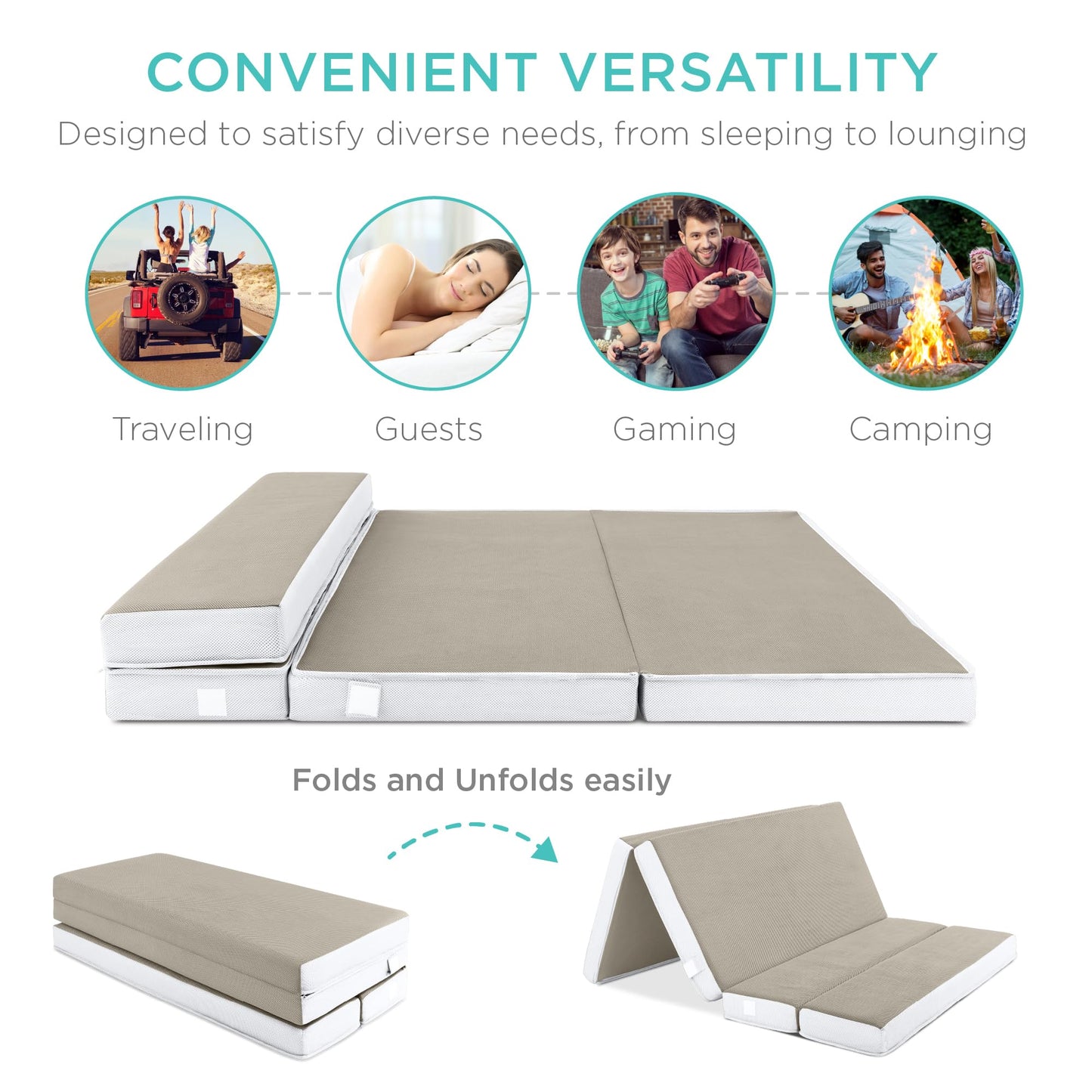 Best Choice Products 4in Portable Queen-Size Mattress, Tri-Fold Mattress for Camping, Guest, Toddler, Foam Plush w/Carry Case - Taupe