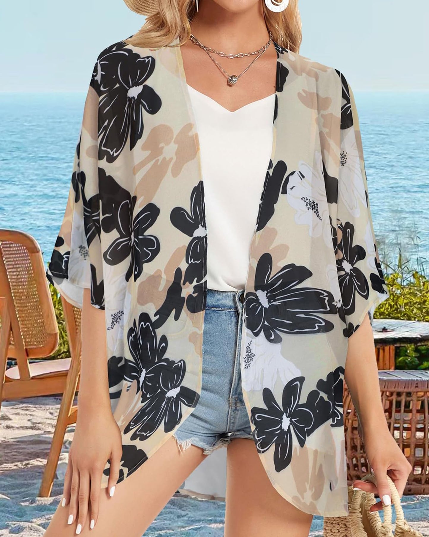 Women Kimono Cardigan Sheer Beach Coverups Chiffon Loose Casual Open Front Tops (Dasiy Khaki2XL)