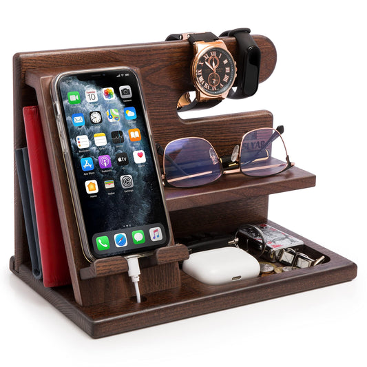 TESLYAR Wood Phone Docking Station for Men - Desktop or Nightstand Organizer - Birthday Gifts for Men, Dad - Anniversary Idea from Wife - Key Holder, Stand Wallet, Watch & Essentials (Bourbon Brown)
