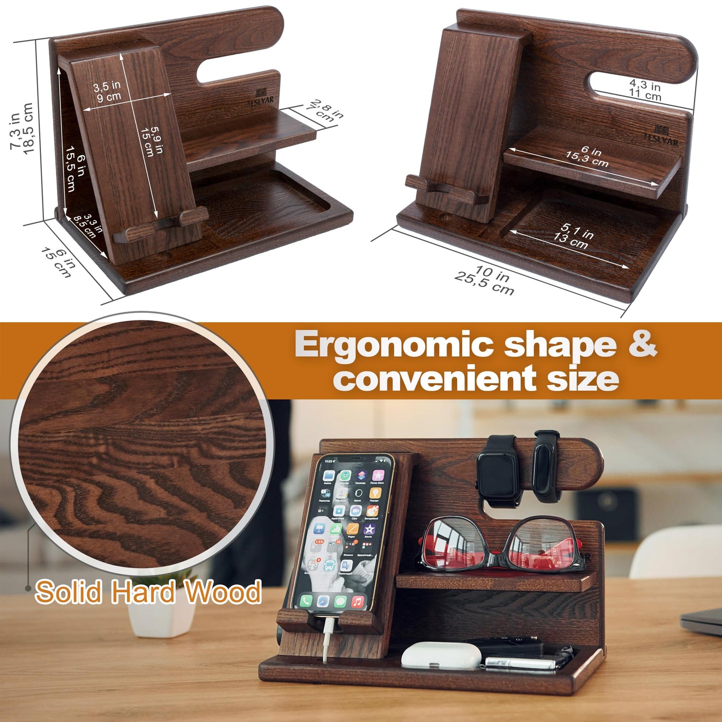 TESLYAR Wood Phone Docking Station for Men - Desktop or Nightstand Organizer - Birthday Gifts for Men, Dad - Anniversary Idea from Wife - Key Holder, Stand Wallet, Watch & Essentials (Antique Brown)