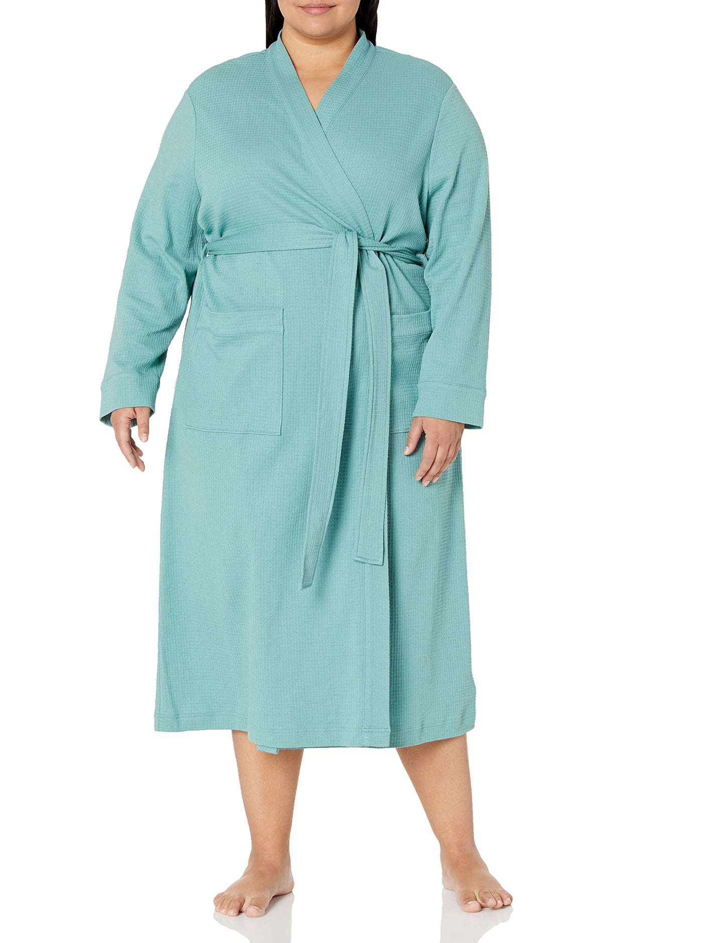 Amazon Essentials Women's Lightweight Waffle Full-Length Robe (Available in Plus Size), Teal Blue, Large
