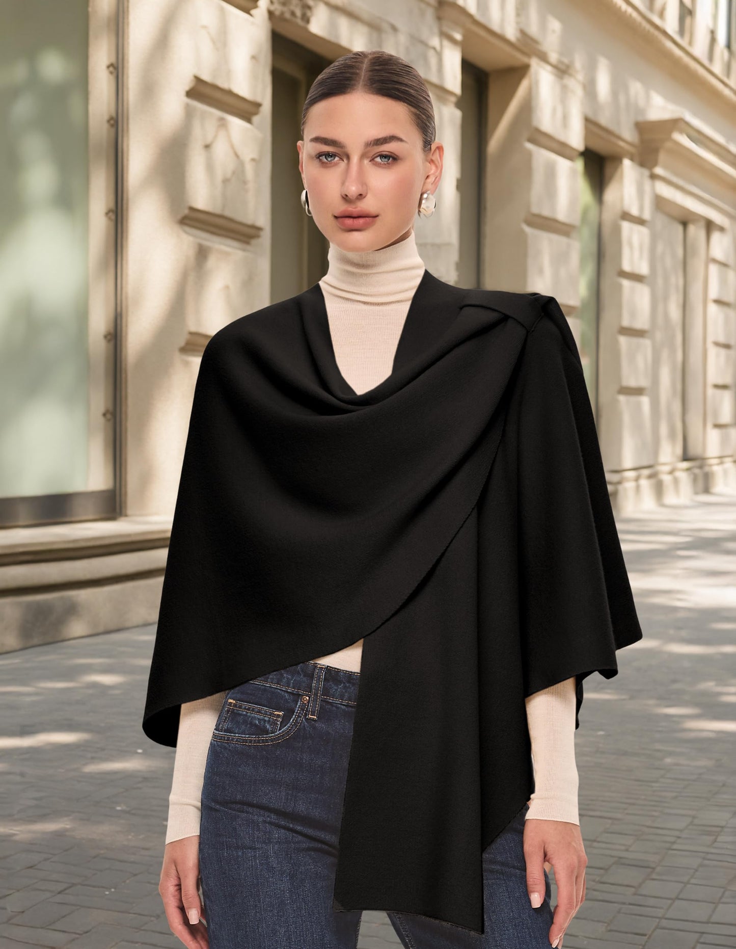 PULI Womens Black Large Cross Front Poncho Sweater Wrap Topper Knitted Elegant Shawls Cape for Fall Winter