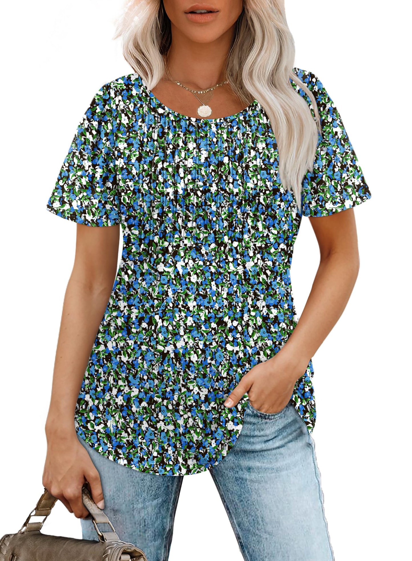 Blouses for Women Floral Print Puff Sleeve Pleated Front Dressy Tops Blue Summer Outfits XL