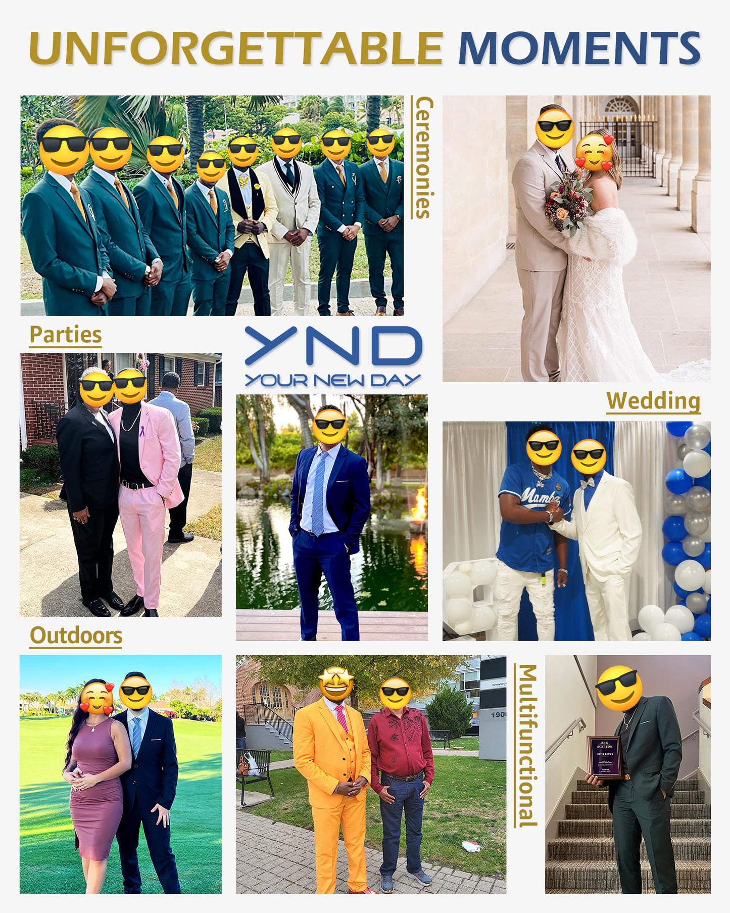 YND Men's 3 Piece Suit Set with Tie, 2 Button Slim Fit Solid Blazer Jacket Vest Pants, Business Wedding Party Suits for Men, Deep Blue