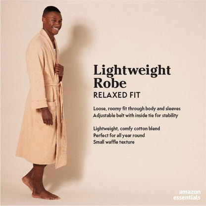 Amazon Essentials Men's Lightweight Waffle Bathrobe (Available in Big & Tall), Light Grey, Medium-Large