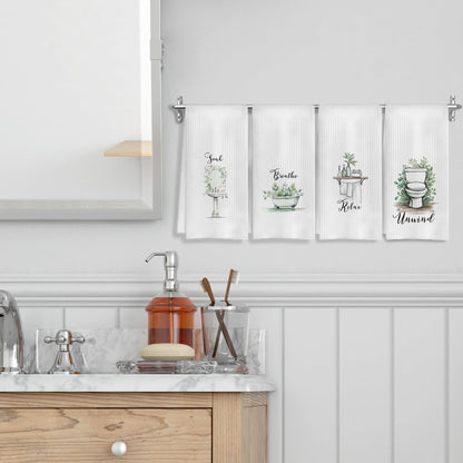 COWEB Boho Botanical Bathroom Hand Towels Set of 4, Relax Breathe Soak Unwind Decorative Hand Towels for Gym Yoga Spa Bathroom Decor, 16x24 Inches
