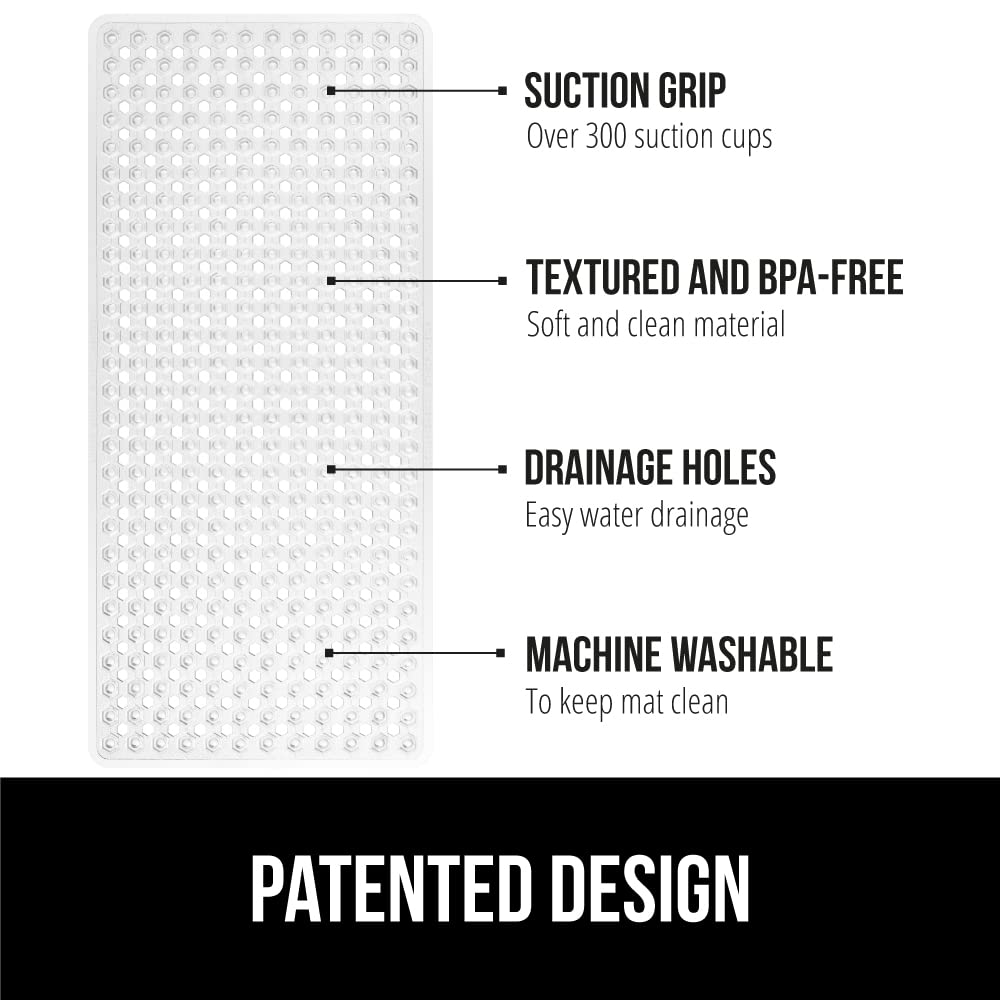 GORILLA GRIP Patented Bath Tub Shower Mat, Machine Washable Bathtub Floor Liner Mats, Suction Cups and Drain Holes to Keep Tubs Clean, Soft on Feet, Bathroom Essentials, 35x16 Inch, Clear
