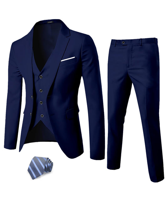 YND Men's 3 Piece Suit Set with Tie, 2 Button Slim Fit Solid Blazer Jacket Vest Pants, Business Wedding Party Suits for Men, Deep Blue