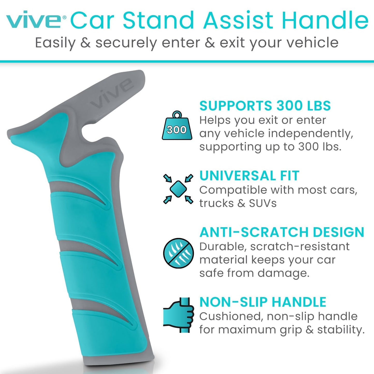 Vive Car Handle Assist for Elderly - Scratch Proof Latch - Auto Grab Bar Cane Support Aid - Standing Mobility Safety Tip to Help Get Out - Portable Assistive Device for Seniors, Handicapped
