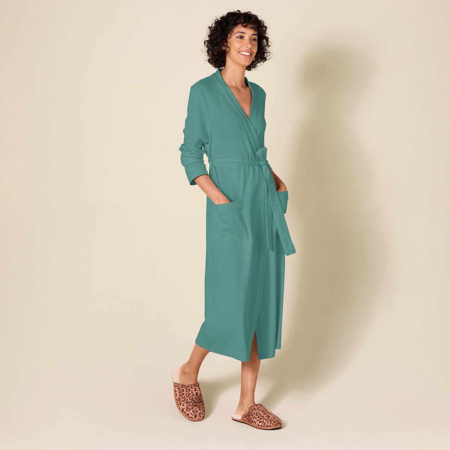 Amazon Essentials Women's Lightweight Waffle Full-Length Robe (Available in Plus Size), Teal Blue, Large