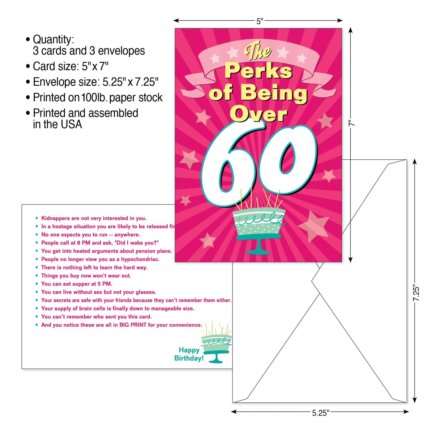 Funny Adult Birthday Greeting Card (5" x 7") by Smart Alex 3 Pack + 3 Envelopes (Over 60)
