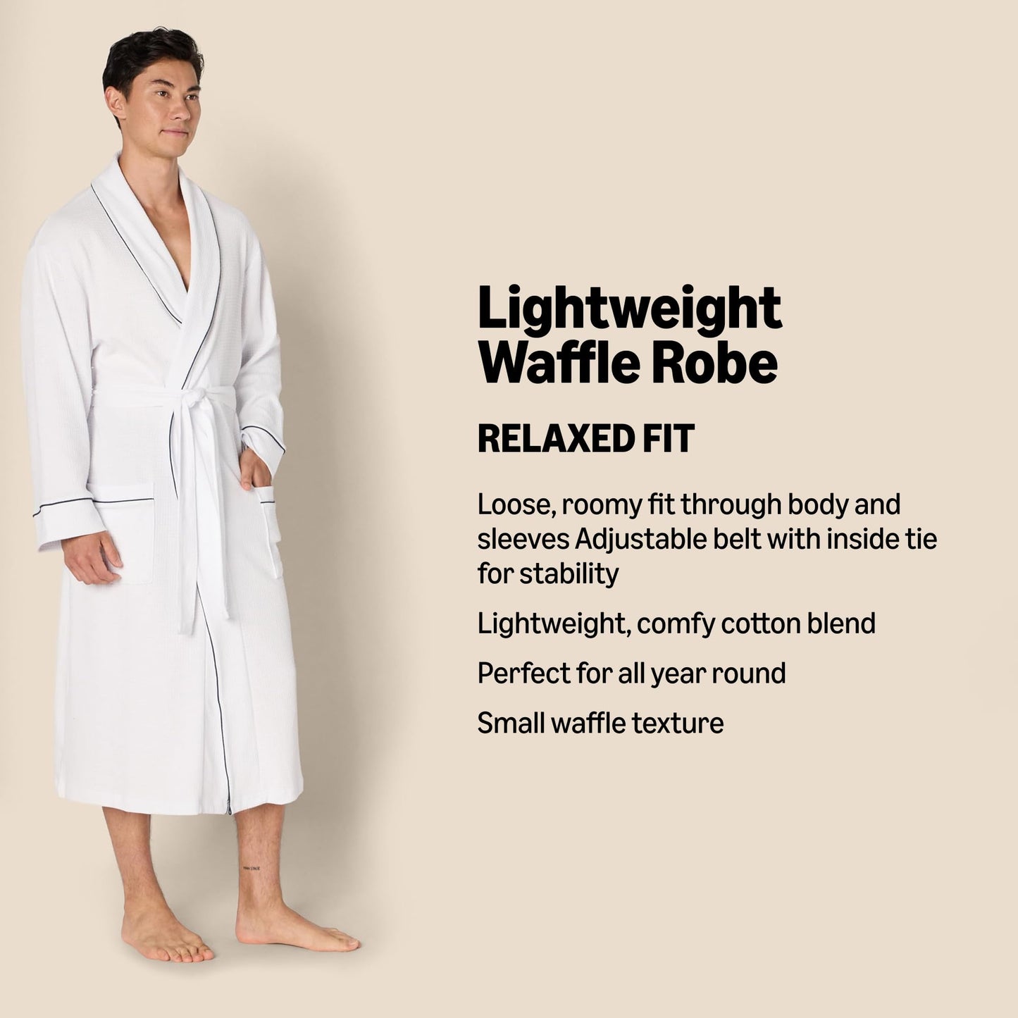 Amazon Essentials Men's Lightweight Waffle Bathrobe (Available in Big & Tall), Light Grey, Medium-Large