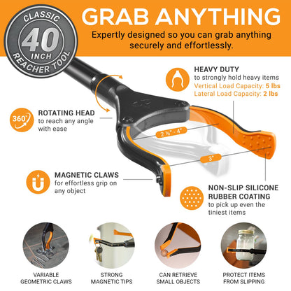 EZPIK Classic 40" Flexible Folding Grabber Tool for Elderly + Magnets, Reacher for Disabled & Seniors Heavy Duty Rotating Grippers for Reaching Underneath, Trash Grabbers & Pickers for Mobility