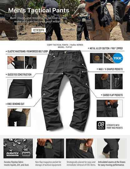 CQR Men's Tactical Pants, Water Resistant Ripstop Cargo Pants, Lightweight EDC Work Hiking Pants, Outdoor Apparel, Raider Mag Pocket Black, 32W x 32L