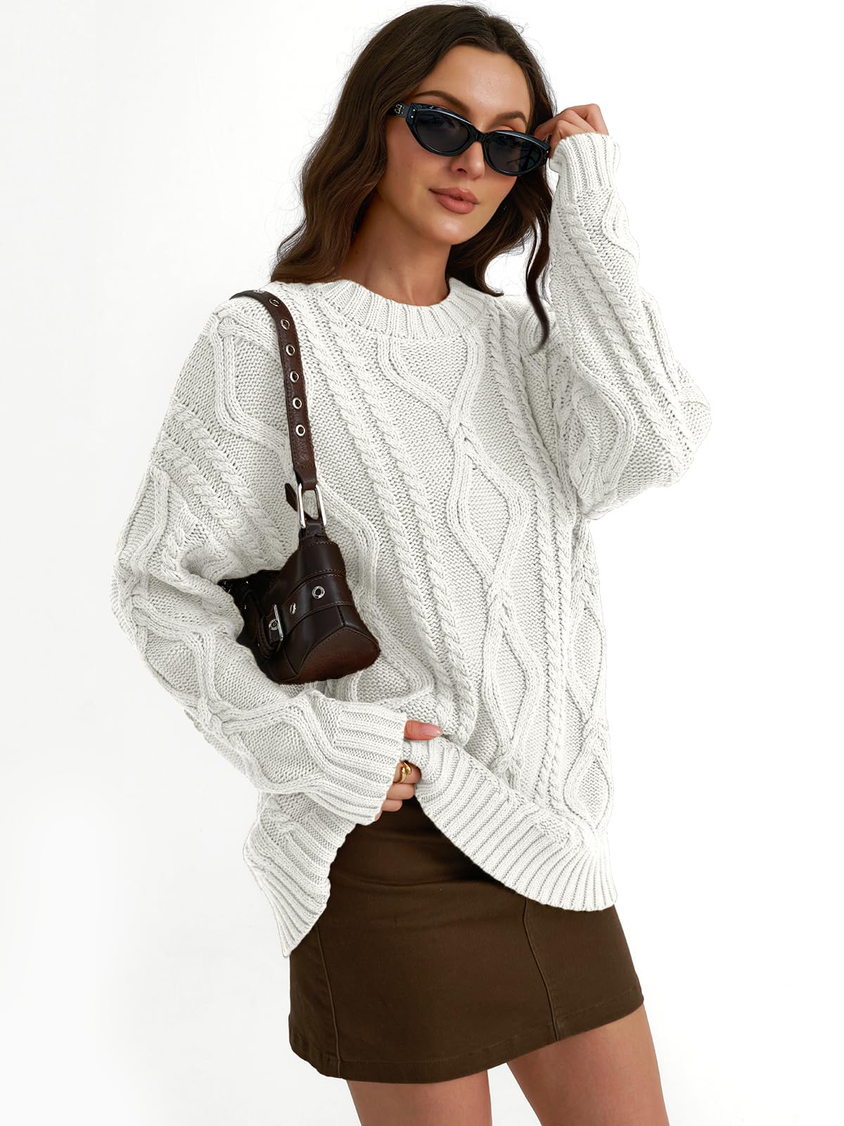 Trendy Queen Oversized Sweaters Womens 2025 Early Fall Fashion Outfits Cable Knit Crewneck Plus Size Pullover Cute Chunky Long Tunic Top Winter Old Money Clothes with Leggings Clothing White