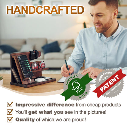 TESLYAR Wood Phone Docking Station for Men - Desktop or Nightstand Organizer - Birthday Gifts for Men, Dad - Anniversary Idea from Wife - Key Holder, Stand Wallet, Watch & Essentials (Antique Brown)