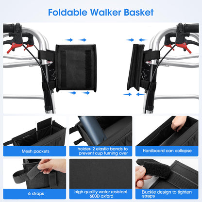 Upgraded Dotday Walker Basket with Cup Holder, Foldable Walker Bag with Large Capacity & Never Tipping Over- Not Fit for Rollator