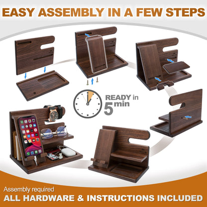 TESLYAR Wood Phone Docking Station for Men - Desktop or Nightstand Organizer - Birthday Gifts for Men, Dad - Anniversary Idea from Wife - Key Holder, Stand Wallet, Watch & Essentials (Antique Brown)