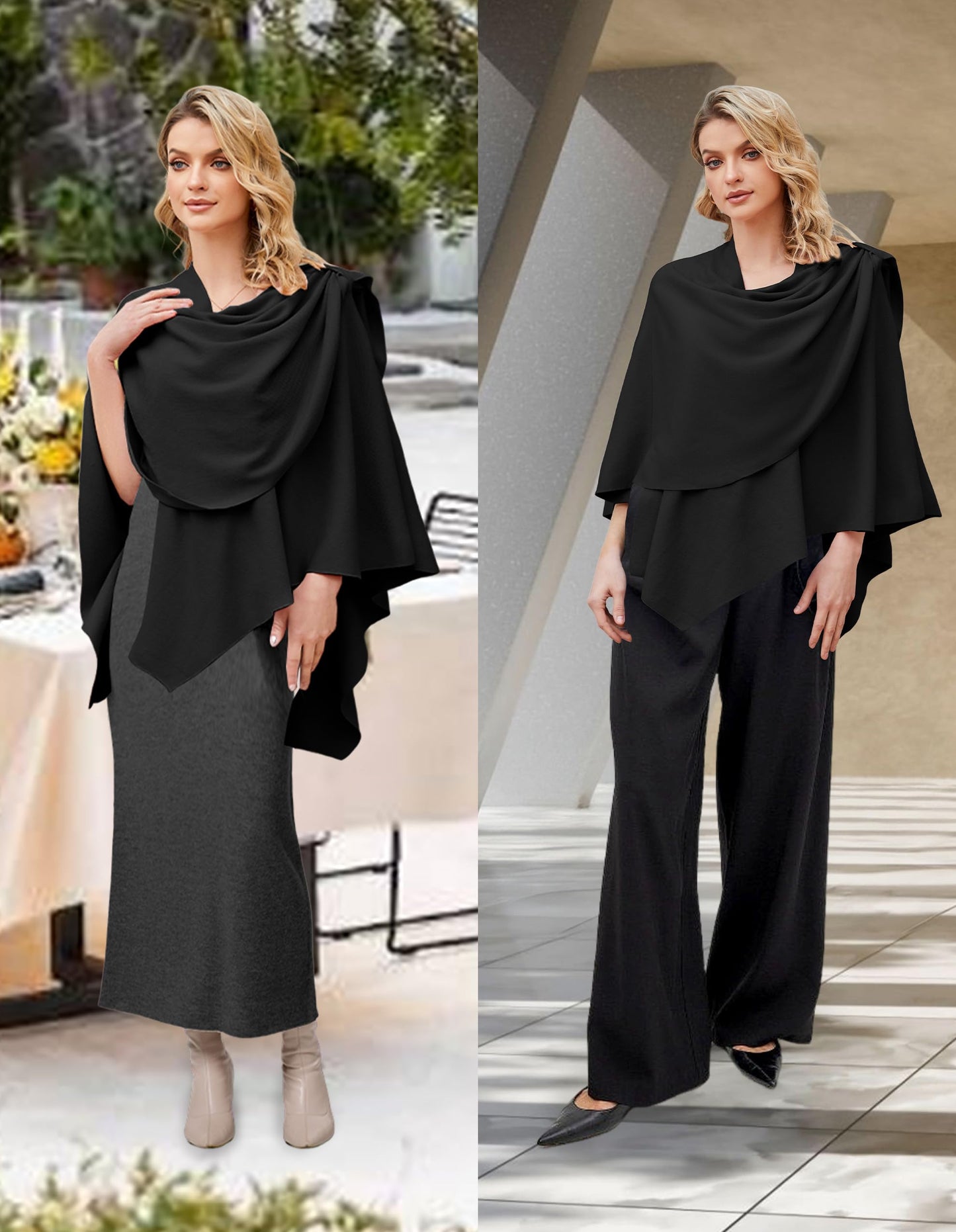 PULI Womens Black Large Cross Front Poncho Sweater Wrap Topper Knitted Elegant Shawls Cape for Fall Winter