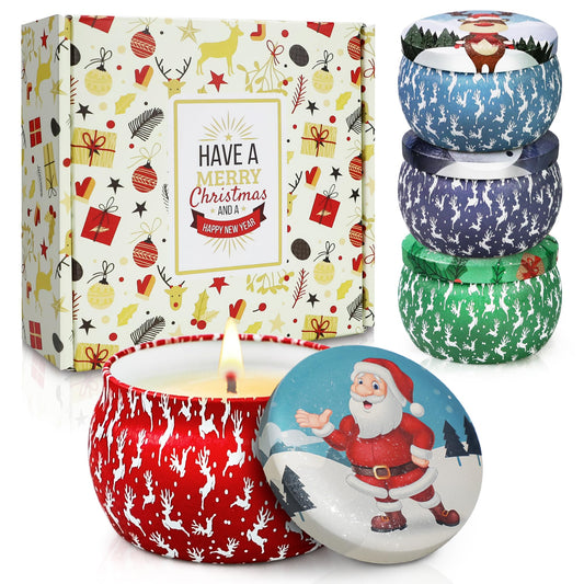 Christmas Candle Gift Set for Women, 4 Pack Long Lasting Soy Wax Candles with Lavender, Cookie, Fir & Cinnamon Apple Scents, Aromatherapy Candles for Home, Perfect Holiday Gifts