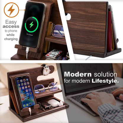 TESLYAR Wood Phone Docking Station for Men - Desktop or Nightstand Organizer - Birthday Gifts for Men, Dad - Anniversary Idea from Wife - Key Holder, Stand Wallet, Watch & Essentials (Antique Brown)