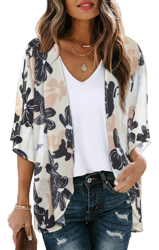 Women Kimono Cardigan Sheer Beach Coverups Chiffon Loose Casual Open Front Tops (Dasiy Khaki2XL)