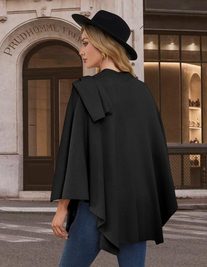 PULI Womens Black Large Cross Front Poncho Sweater Wrap Topper Knitted Elegant Shawls Cape for Fall Winter