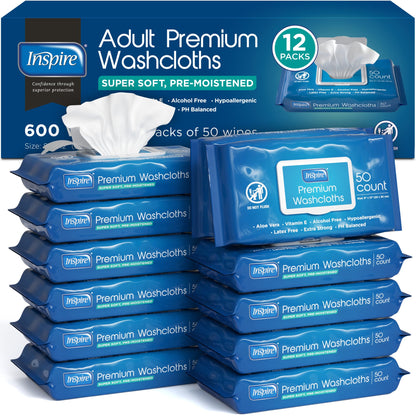 Inspire Adult Wet Wipes, Wash Cloths | Adult Wipes for Incontinence & Cleansing for Elderly, 8"x12" Count 12 packs of 50