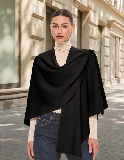 PULI Womens Black Large Cross Front Poncho Sweater Wrap Topper Knitted Elegant Shawls Cape for Fall Winter