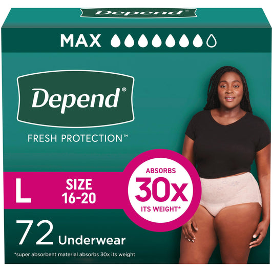 Depend Fresh Protection Adult Diapers, Incontinence & Postpartum Bladder Leak Underwear for Women, Disposable, Maximum, Large, Blush, 72 Count (2 Packs of 36), Packaging May Vary
