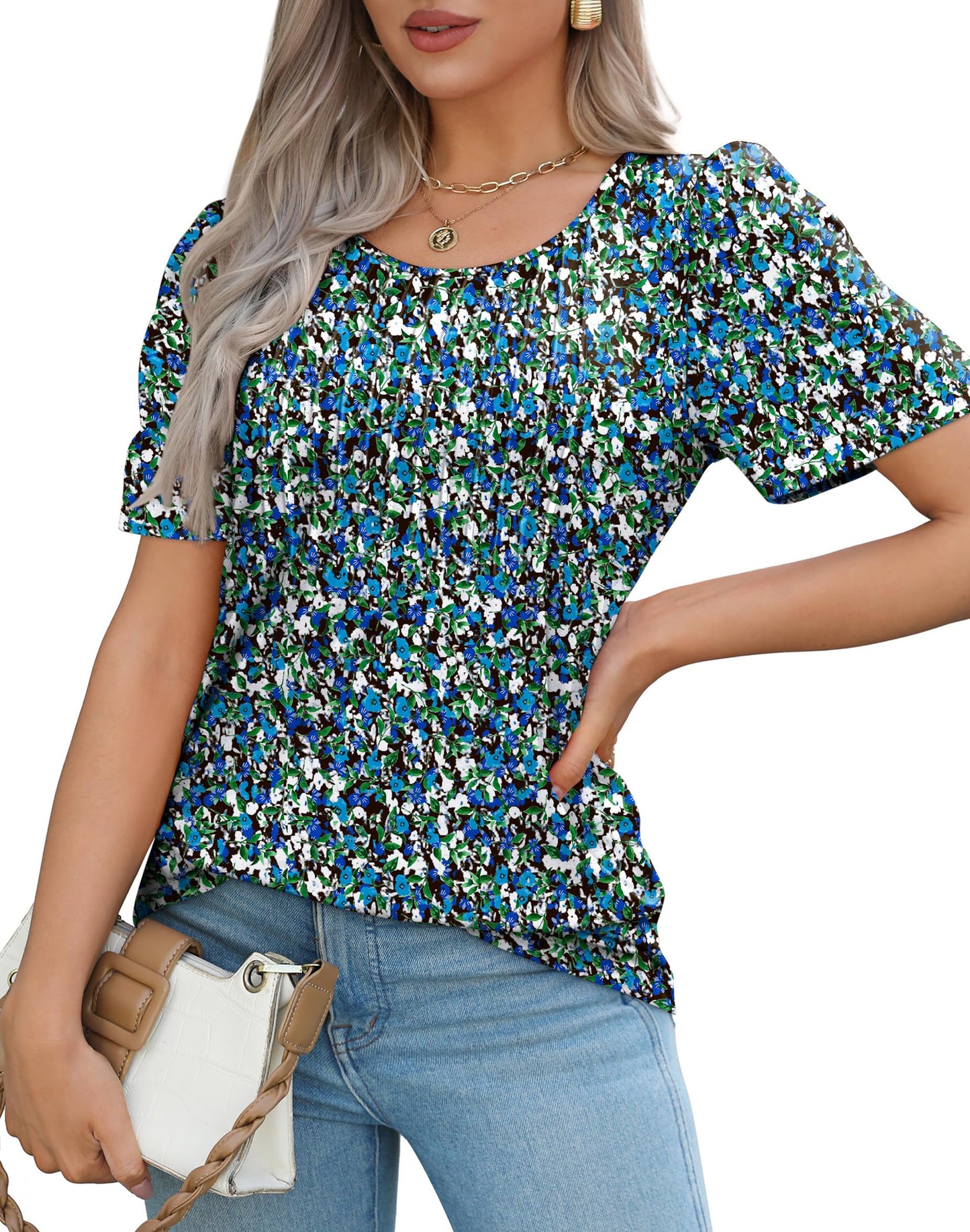 Blouses for Women Floral Print Puff Sleeve Pleated Front Dressy Tops Blue Summer Outfits XL