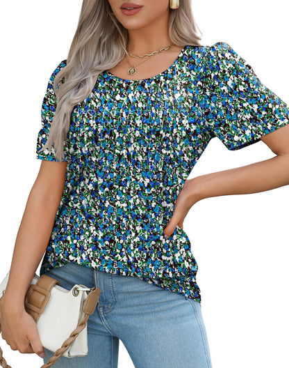 Blouses for Women Floral Print Puff Sleeve Pleated Front Dressy Tops Blue Summer Outfits XL