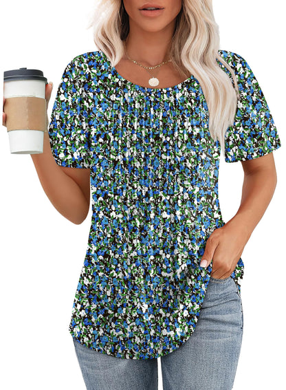 Blouses for Women Floral Print Puff Sleeve Pleated Front Dressy Tops Blue Summer Outfits XL