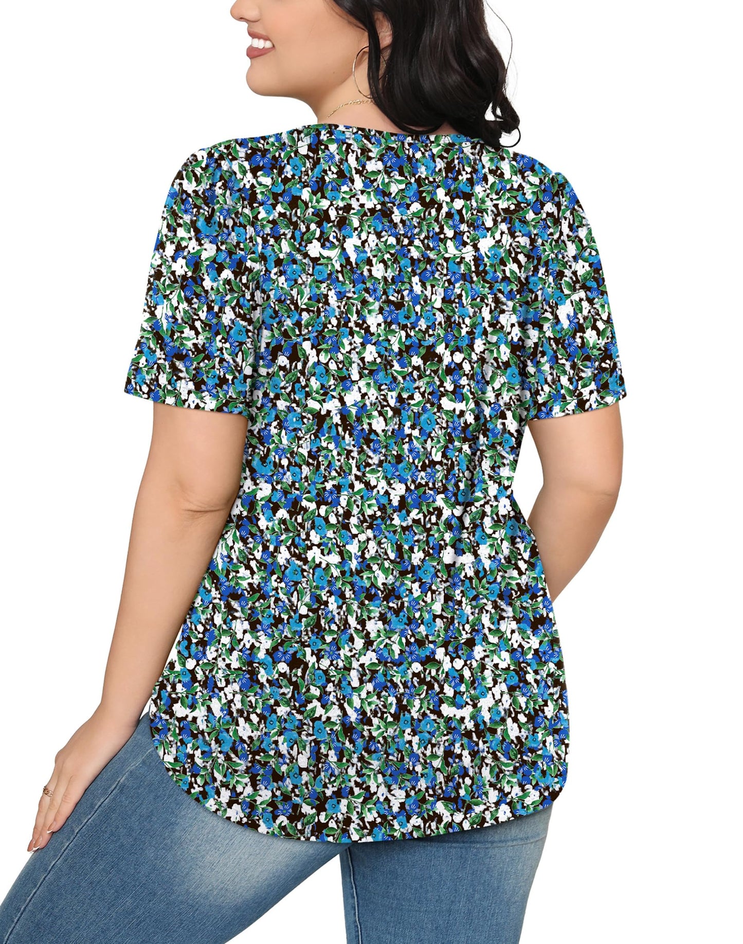 Blouses for Women Floral Print Puff Sleeve Pleated Front Dressy Tops Blue Summer Outfits XL