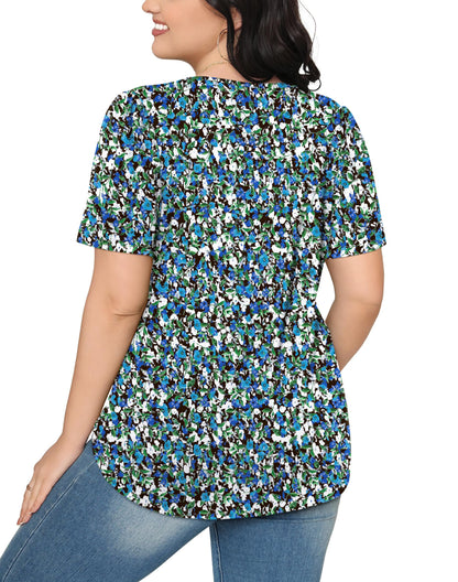 Blouses for Women Floral Print Puff Sleeve Pleated Front Dressy Tops Blue Summer Outfits XL